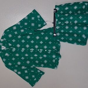 dRA Los Angeles Pajama Top & Shorts Green White Geo Embroidered Sleepwear Cotton